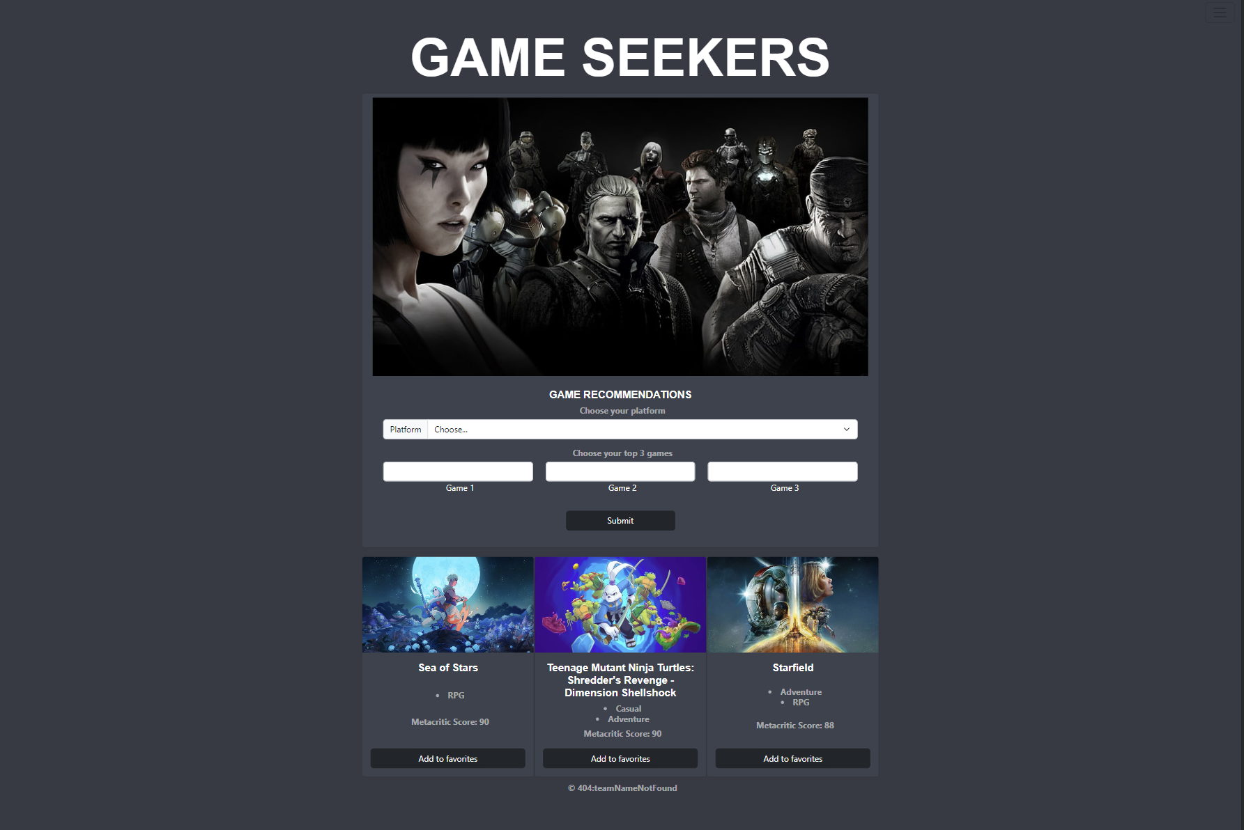Screenshot of Game Seekers project