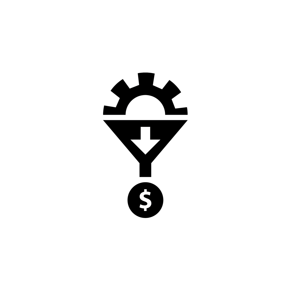 Icon depicting gear dropping into a funnel and coming out as money