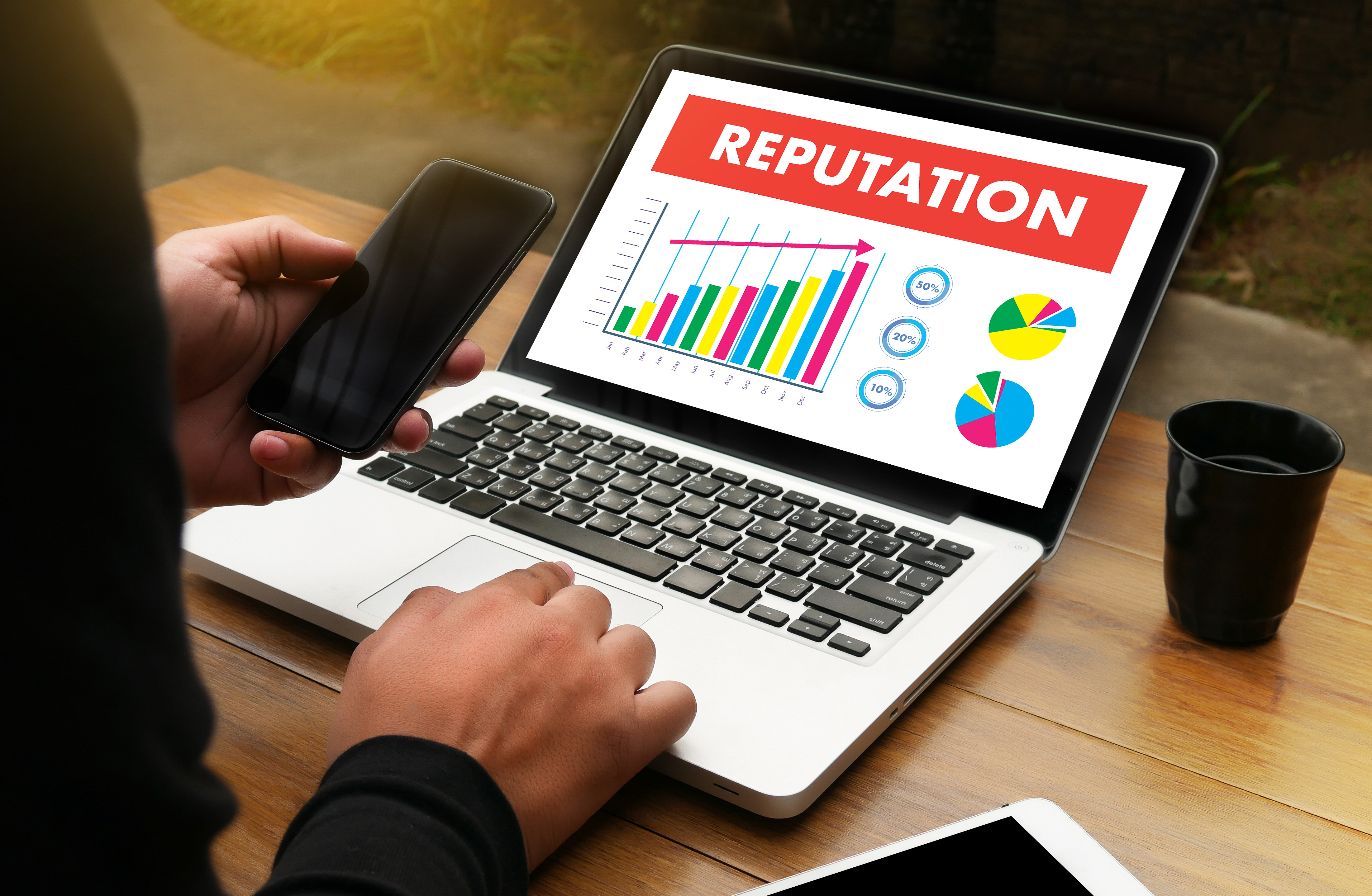 Image of a person using a laptop with a bar graph on the screen depicting rising reputation