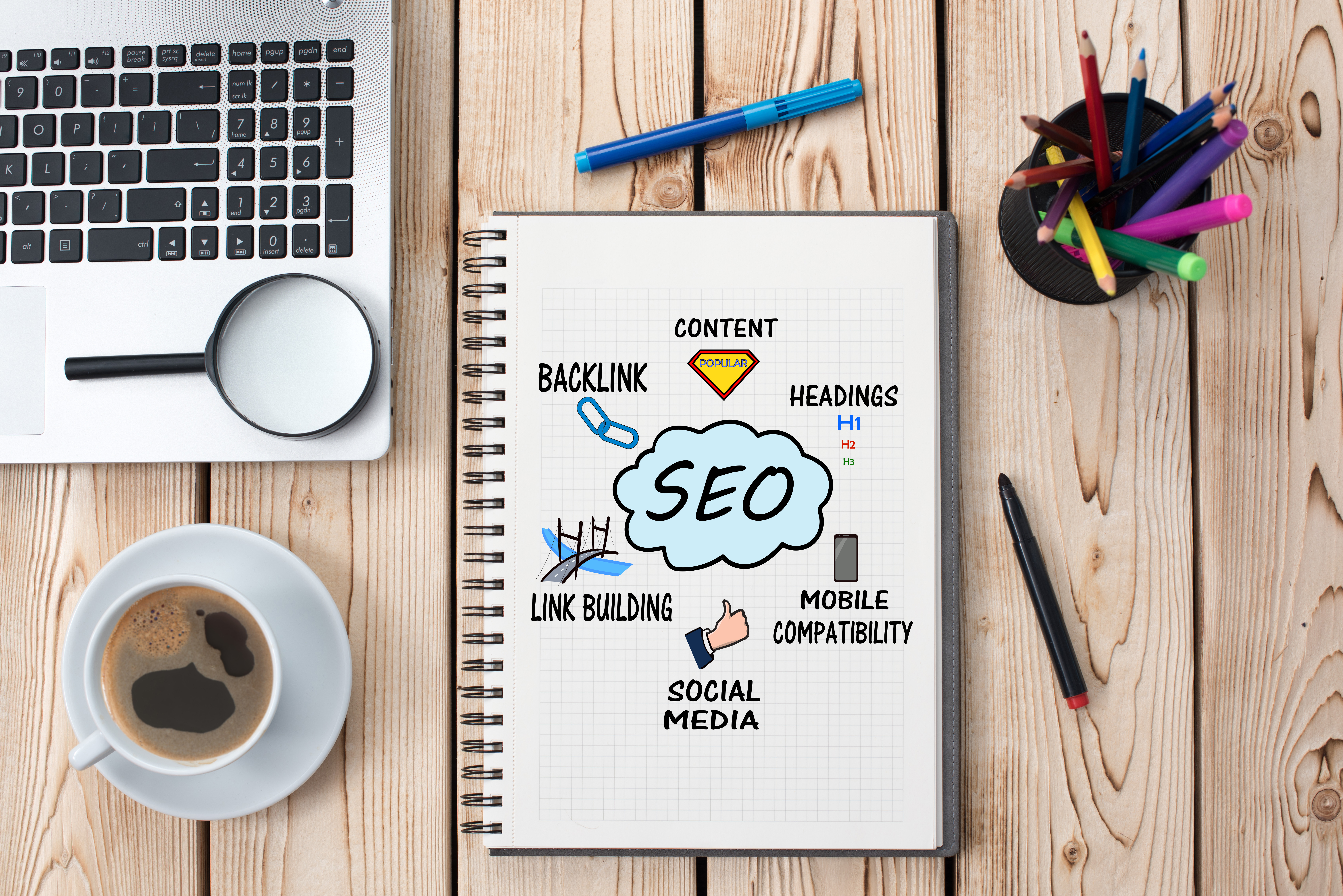 Picture contains an artist's rendition of search engine optimization and the elements related to search engine optimization